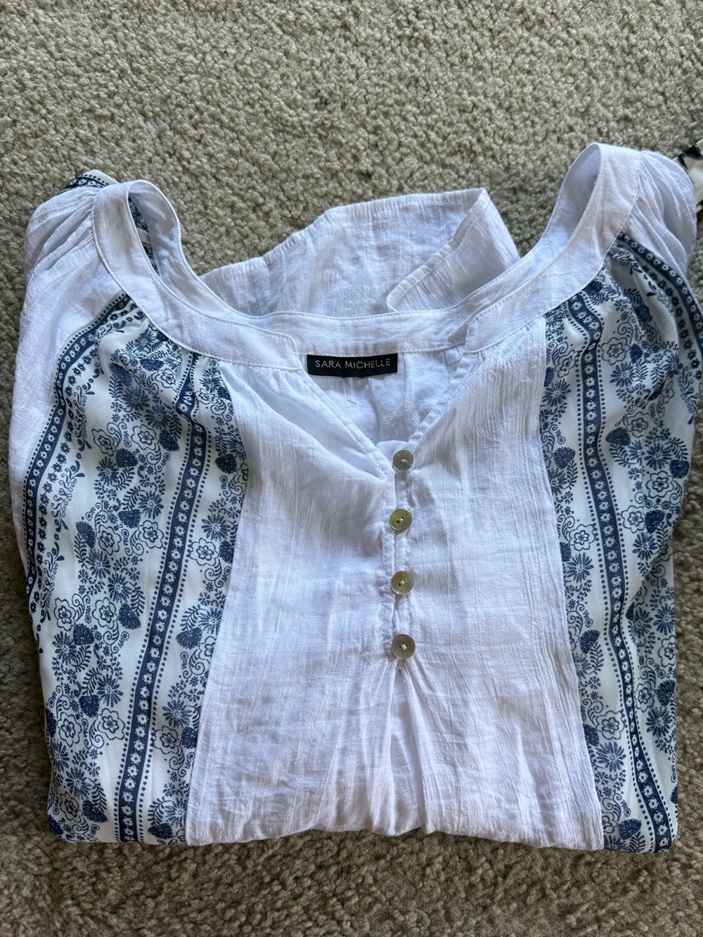 Sara Michelle White Blouse with Blue Floral Stripe Panels